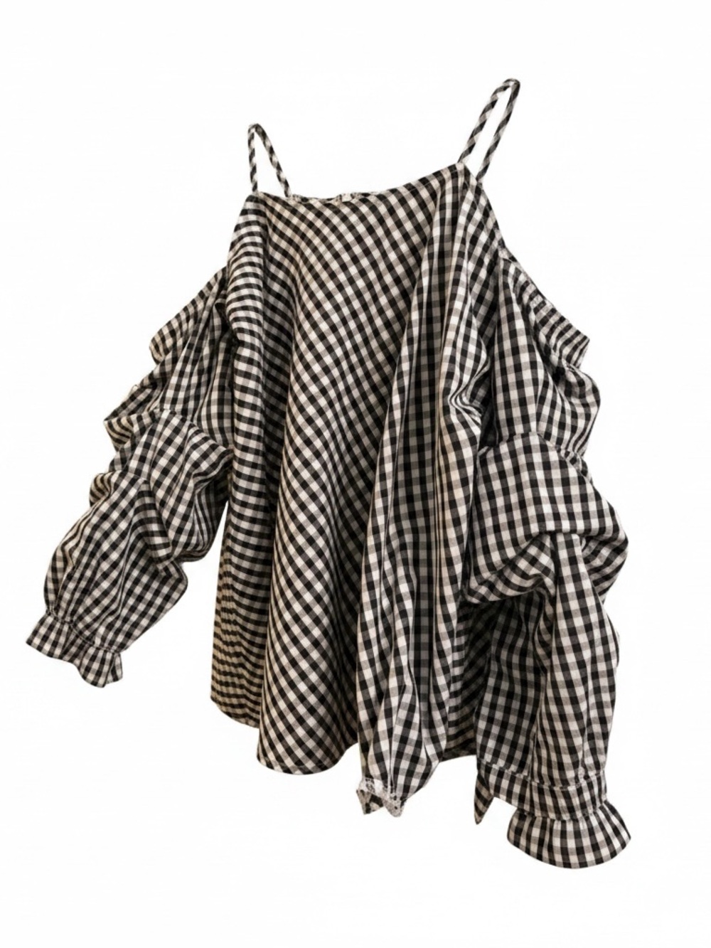 Cold-Shoulder Gingham Spaghetti Strap Top - Black & White